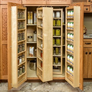 inspiring-kitchen-pantry-with-brown-wood-accent-and-double-doors-shelving-unit-idea-combines-several-storage-designs-feat-cool-glass-food-organizers